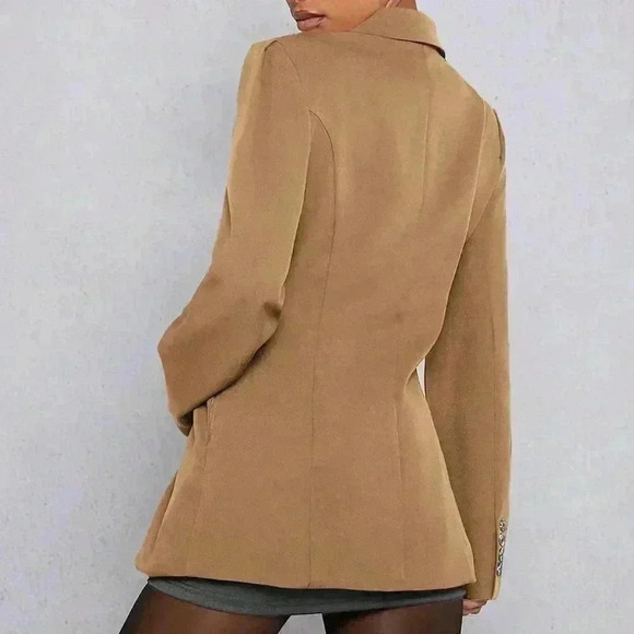 Camel Elegant Women's Pleated Flare Hem Button Up Blazer - Picture 4 of 5